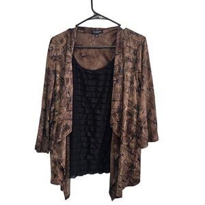 Notations Woman 2X Brown Black Abstract Cardigan Ruffle Tank Top 2 Piece Set